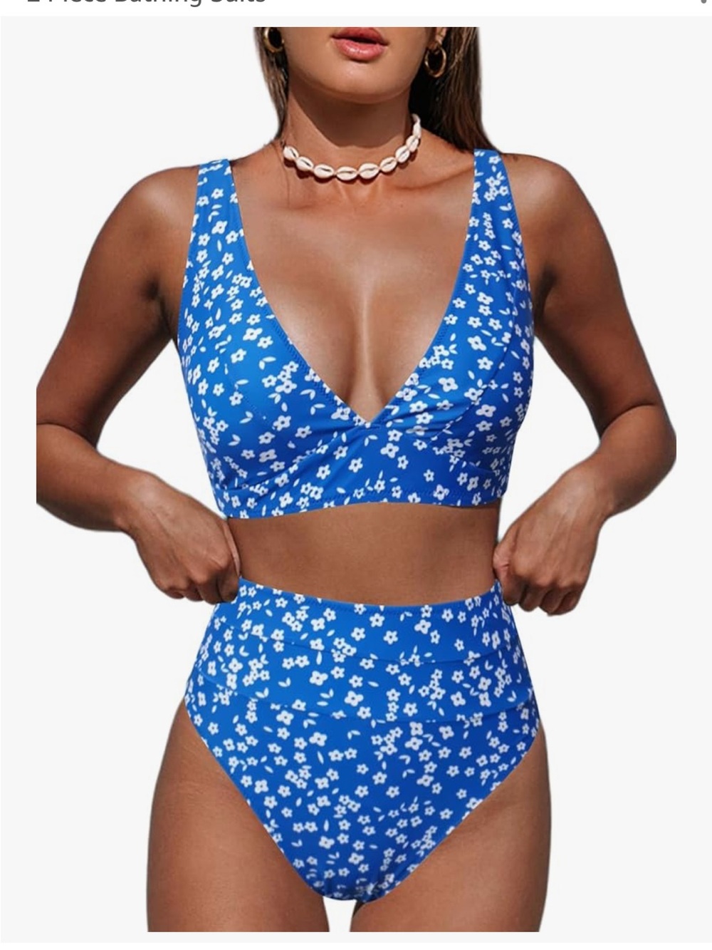 Holier Blue Floral High-Waist V-Neck Women’s Bikini